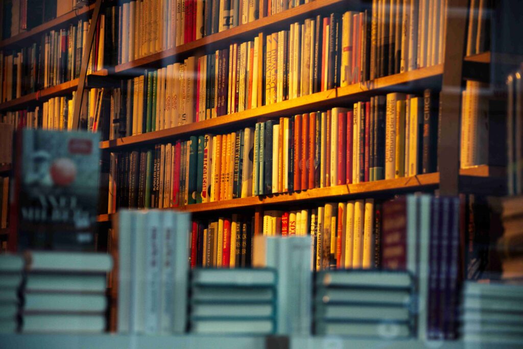 Shelves of books inside a cozy store seen through a window, ideal for quiet romantic plans.