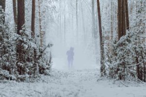 Silhouette of a person walking alone through a heavy winter blizzard forest, evoking third man syndrome.